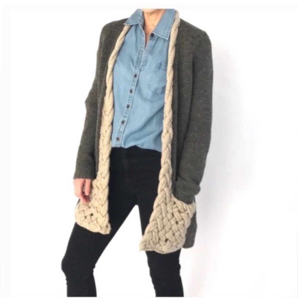 Sparrow by Anthropologie Braided Lapel Lambswool Long Open Cardigan M Medium